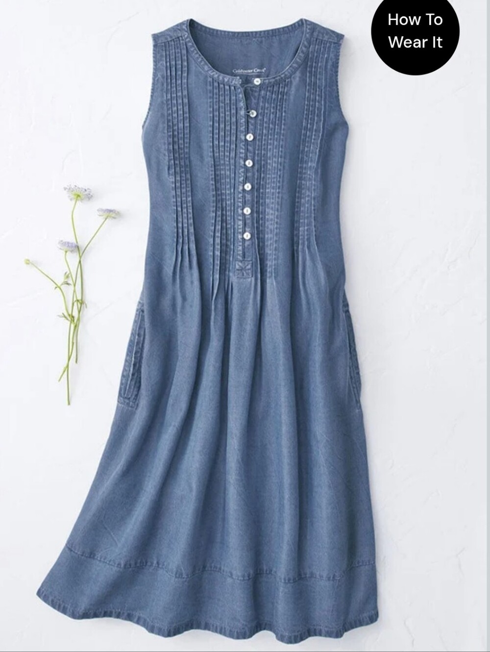 Coldwater Creek "Floria" Chambray Denim Midi A-line Dress- TENCEL- Med